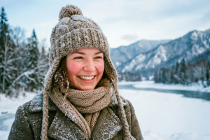 ragazzina con cappello di lana caldo per proteggere le orecchie dal freddo e prevenire l'otite.