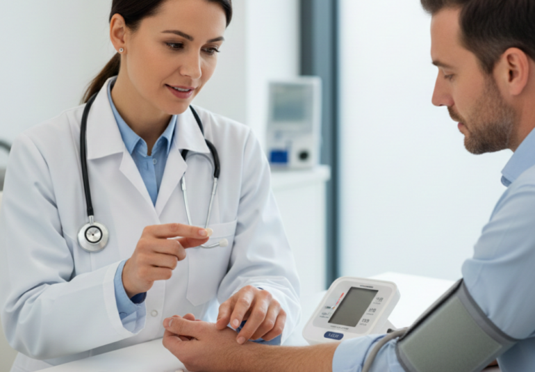 Medico specialista che illustra le modalità di assunzione dei farmaci anticoagulanti per la prevenzione del rischio tromboembolico