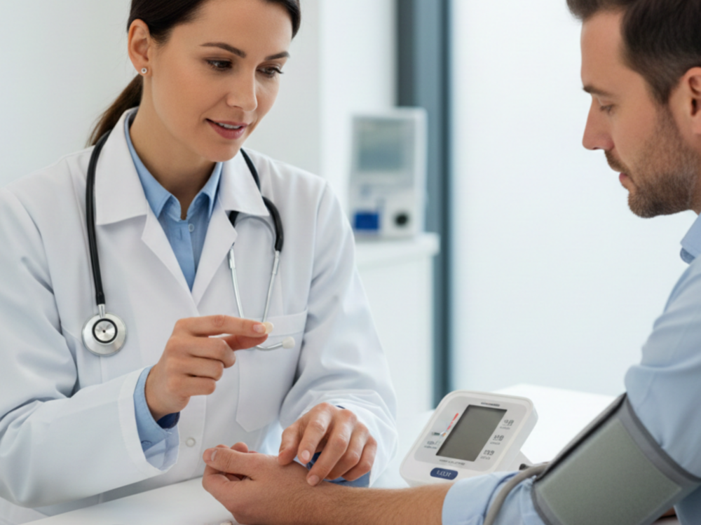 Medico specialista che illustra le modalità di assunzione dei farmaci anticoagulanti per la prevenzione del rischio tromboembolico.