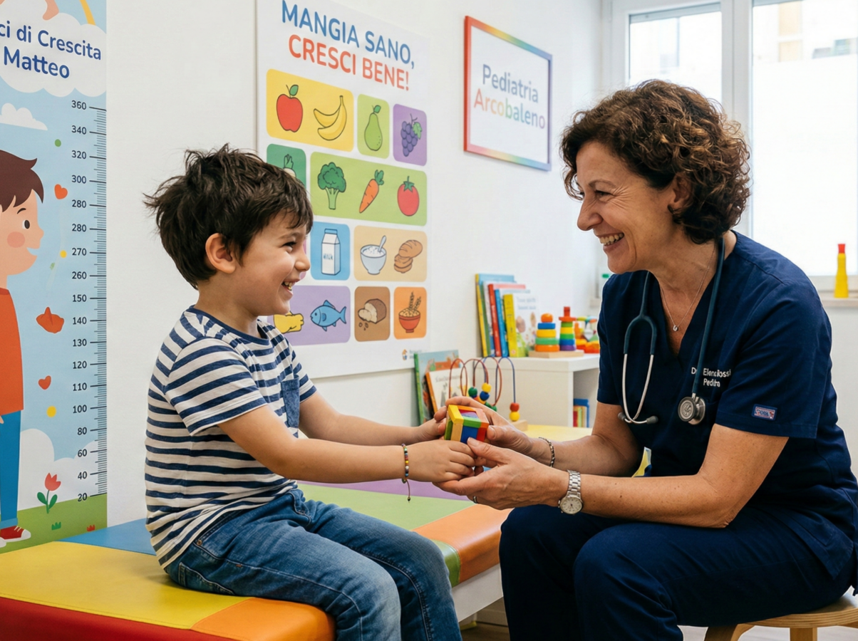Visita specialistica per il monitoraggio della crescita e la prevenzione dell'obesità in età pediatrica presso uno studio medico.