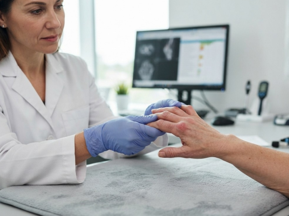 artrite-patologie-infiammatorie-articolari Paziente con dolori articolari persistenti alle mani durante una visita specialistica nello studio Pret Medica.
