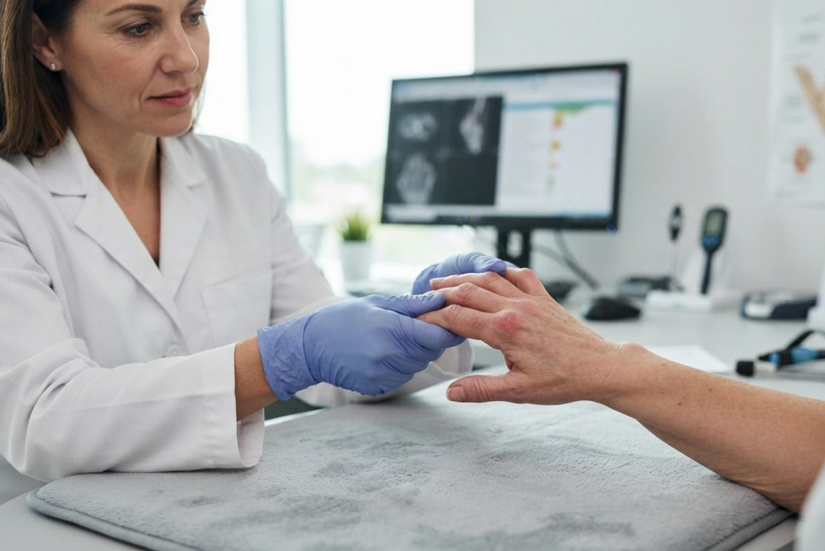 Paziente con dolori articolari persistenti alle mani durante una visita specialistica nello studio Pret Medica.